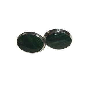 Vintage Sterling Silver Malachite Oval Stud Earrings Green Stone 925 Jewelry